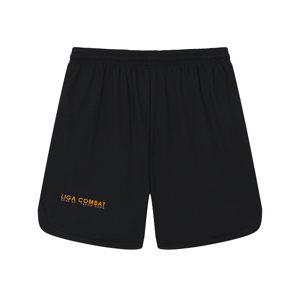 Liga Combat Rounds 2-in-1 Shorts in black, back view with the LIGA COMBAT wordmark and tagline