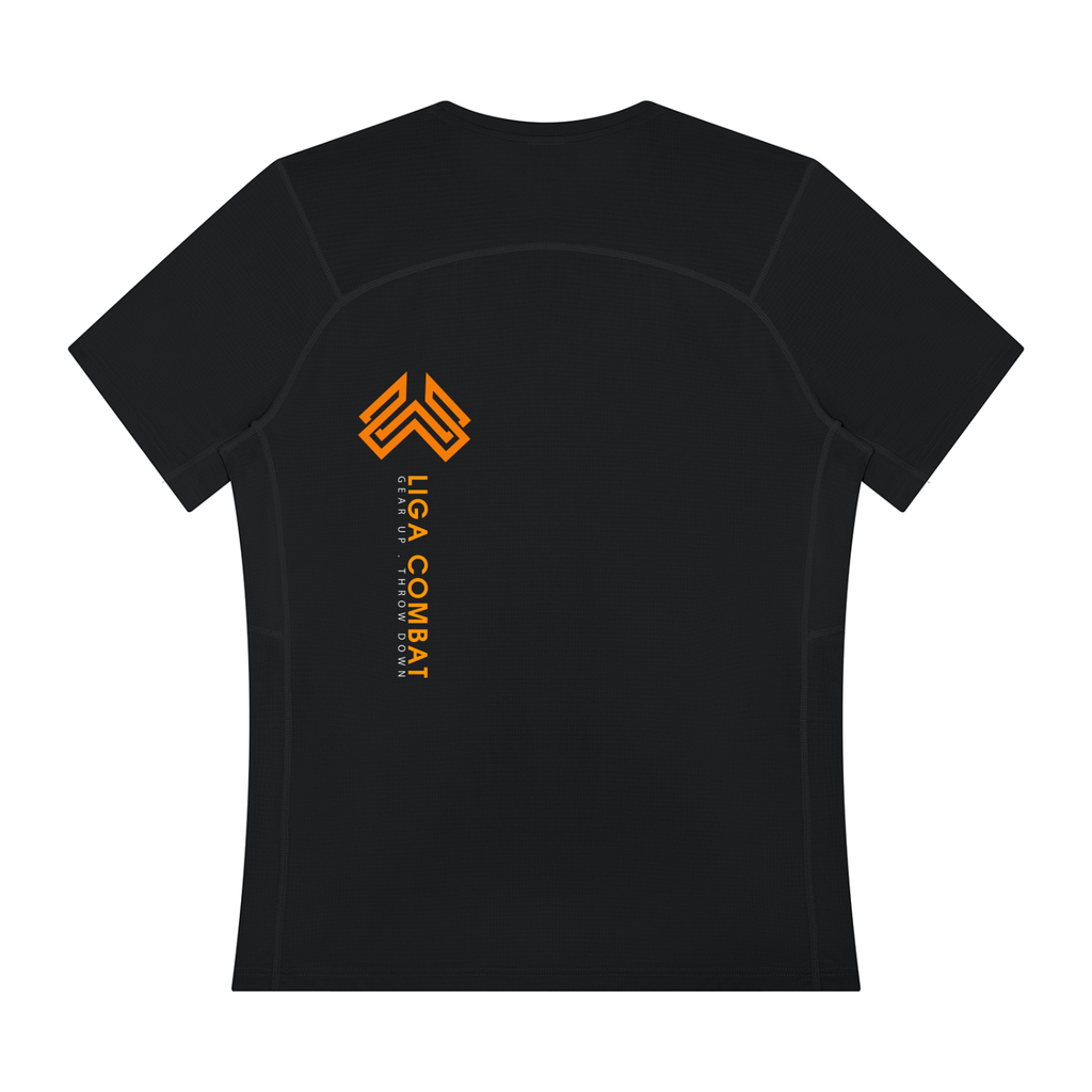 Liga Combat Rounds Training Tee in black, back view with the vertical LIGA COMBAT lockup off-centre