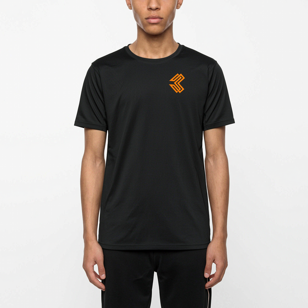 Liga Combat Rounds Training Tee studio product shot, black tee front view with chest mark