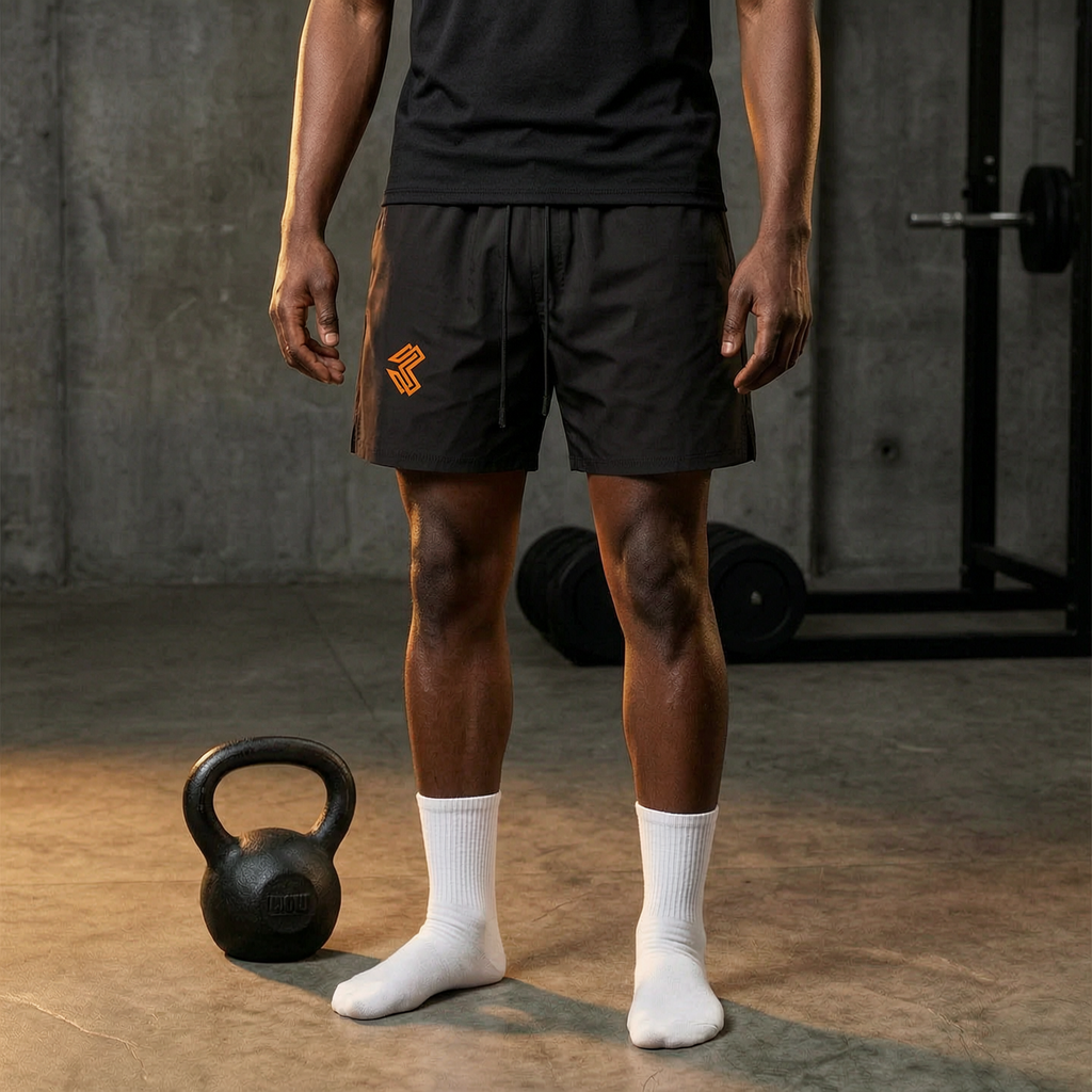 Liga Combat Rounds Training Shorts worn in a gym beside a kettlebell, black knee-length shorts
