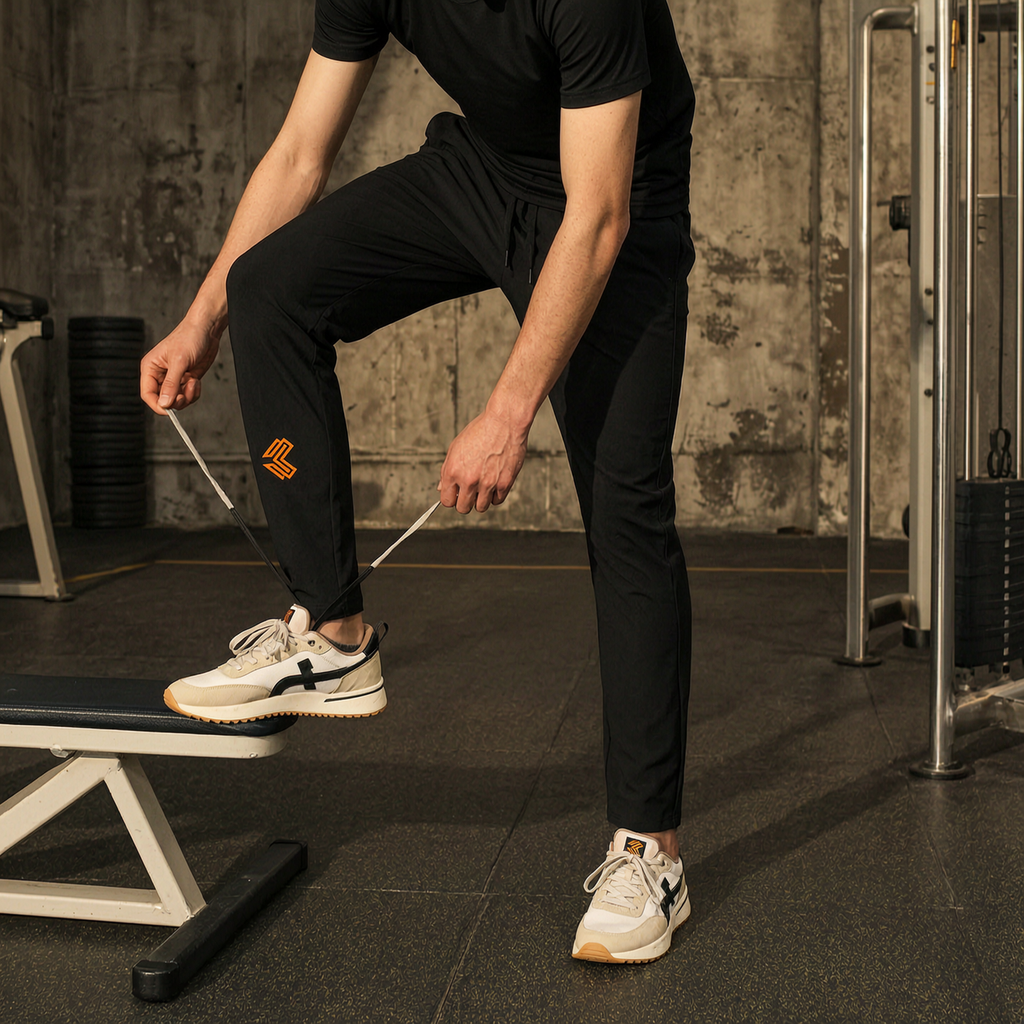 Liga Combat Rounds Jogger worn in a gym with a foot on a bench, tapered black training jogger