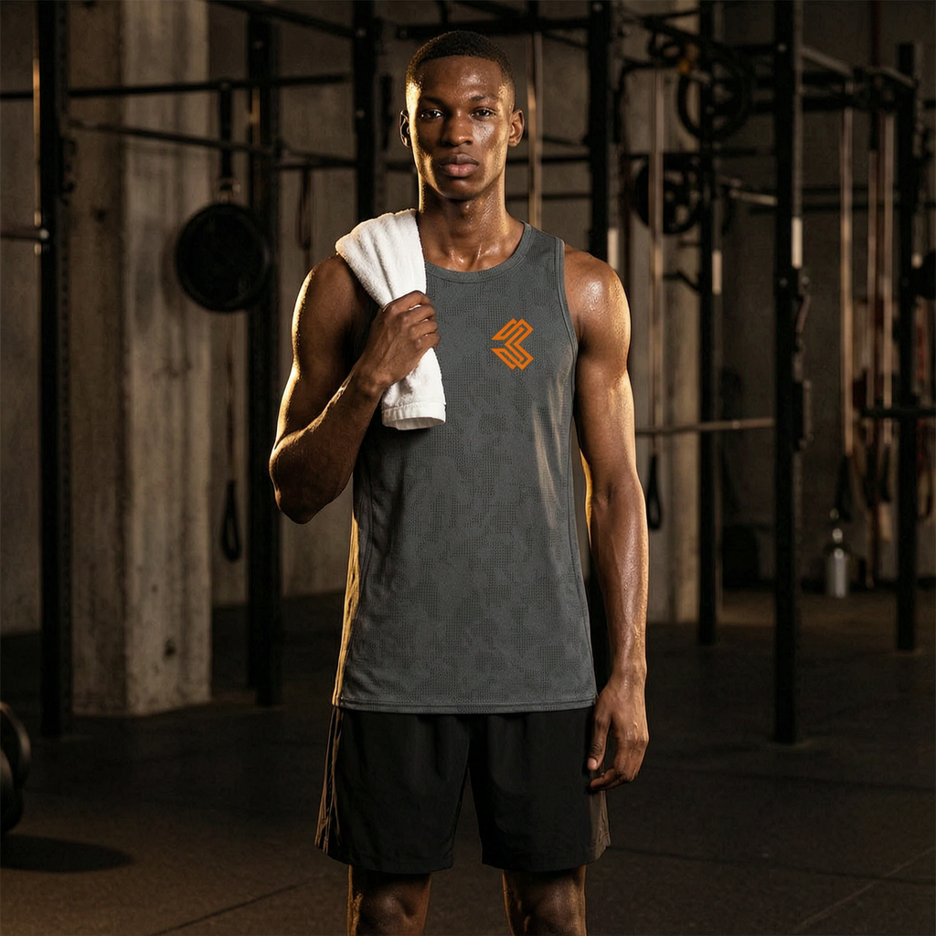 Liga Combat Rounds Training Tank worn in a hot gym with a towel, dark grey sleeveless tank