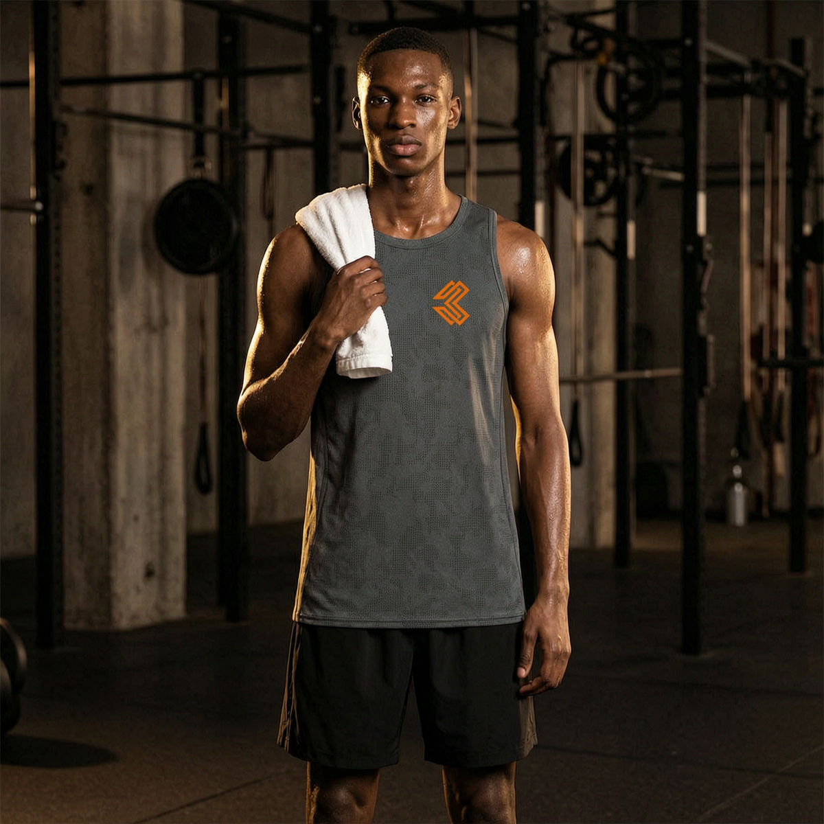 Liga Combat Rounds Training Tank worn in a hot gym with a towel, dark grey sleeveless tank