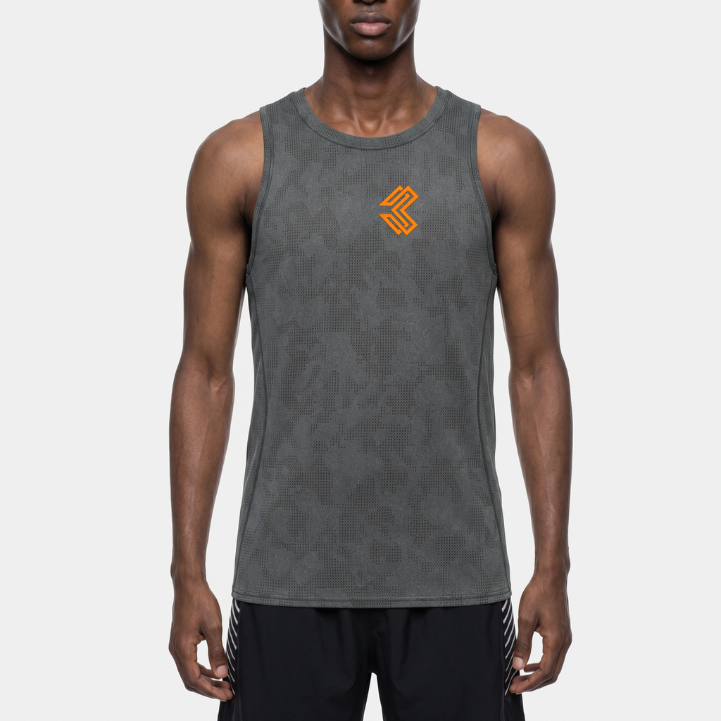 Liga Combat Rounds Training Tank studio product shot, dark grey jacquard sleeveless tank