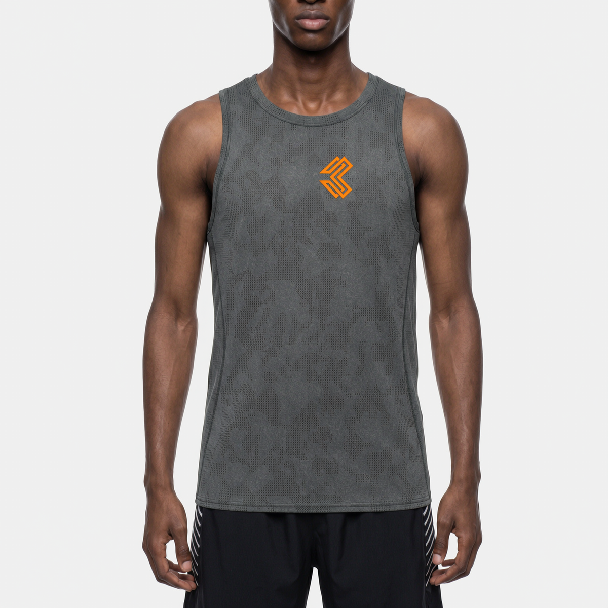 Liga Combat Rounds Training Tank studio product shot, dark grey jacquard sleeveless tank