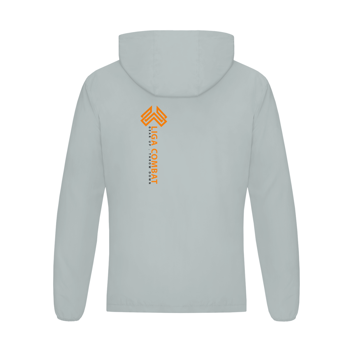 Liga Combat Rounds Hooded Jacket in light grey, back view with the vertical LIGA COMBAT lockup
