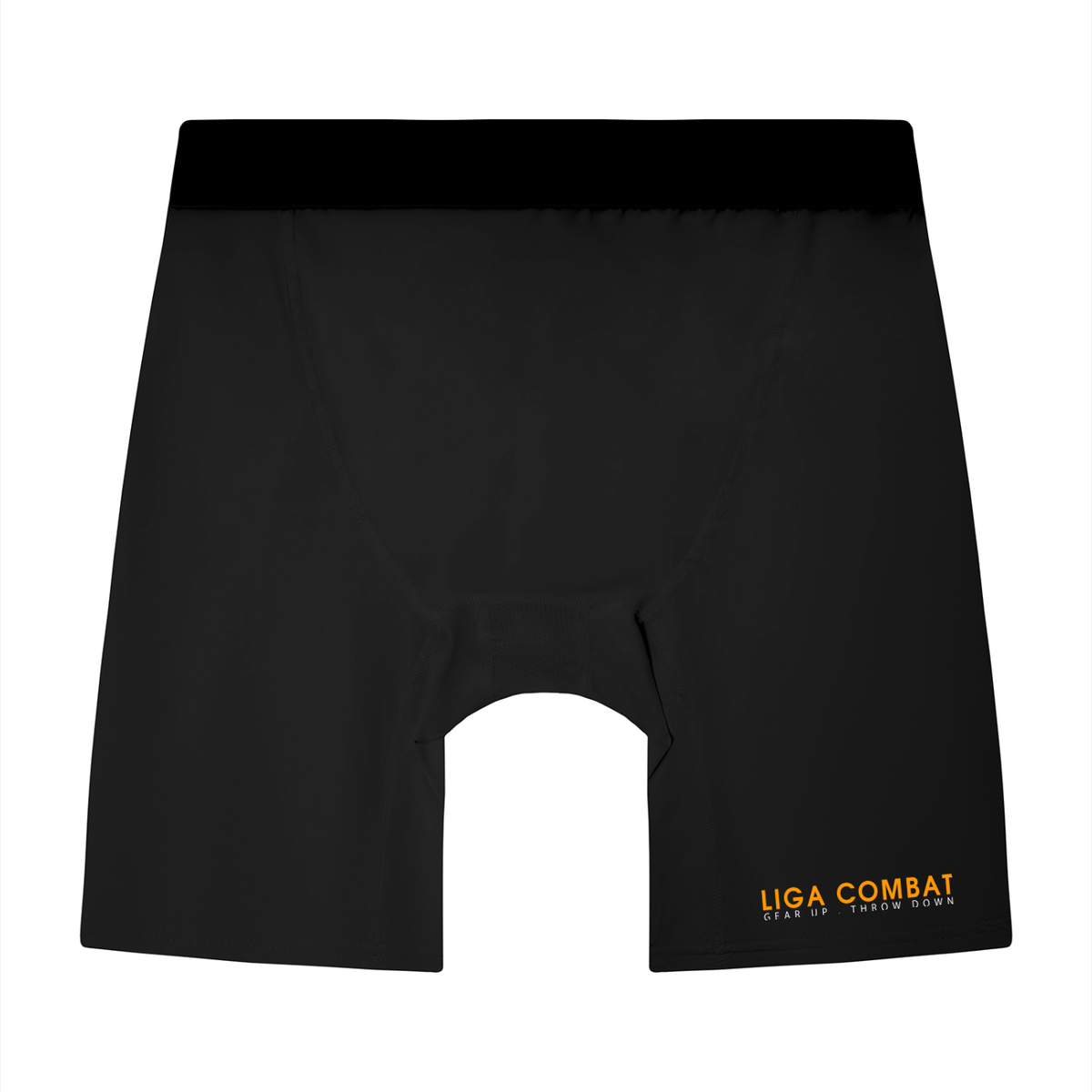 Liga Combat Rounds Liner Shorts in black, back view with the LIGA COMBAT wordmark and tagline