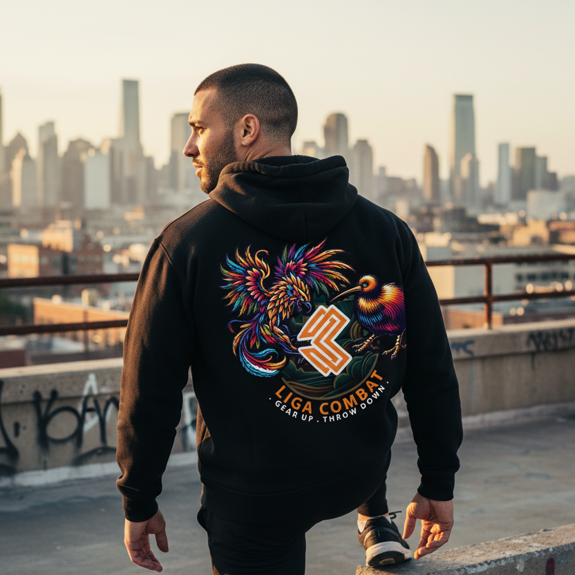 Man wearing a black hoodie with colorful graphics and text, standing on a rooftop with a cityscape in the background.
