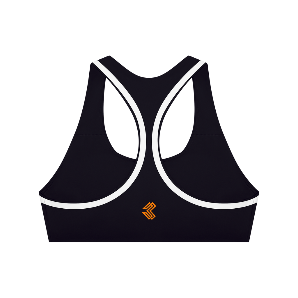 Liga Combat Mat Hours Sports Bra racerback view showing the centre-back monogram and white binding
