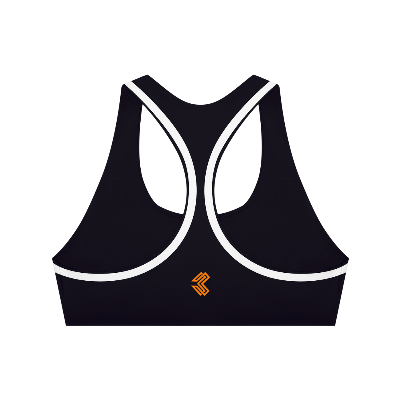 Liga Combat Mat Hours Sports Bra racerback view showing the centre-back monogram and white binding