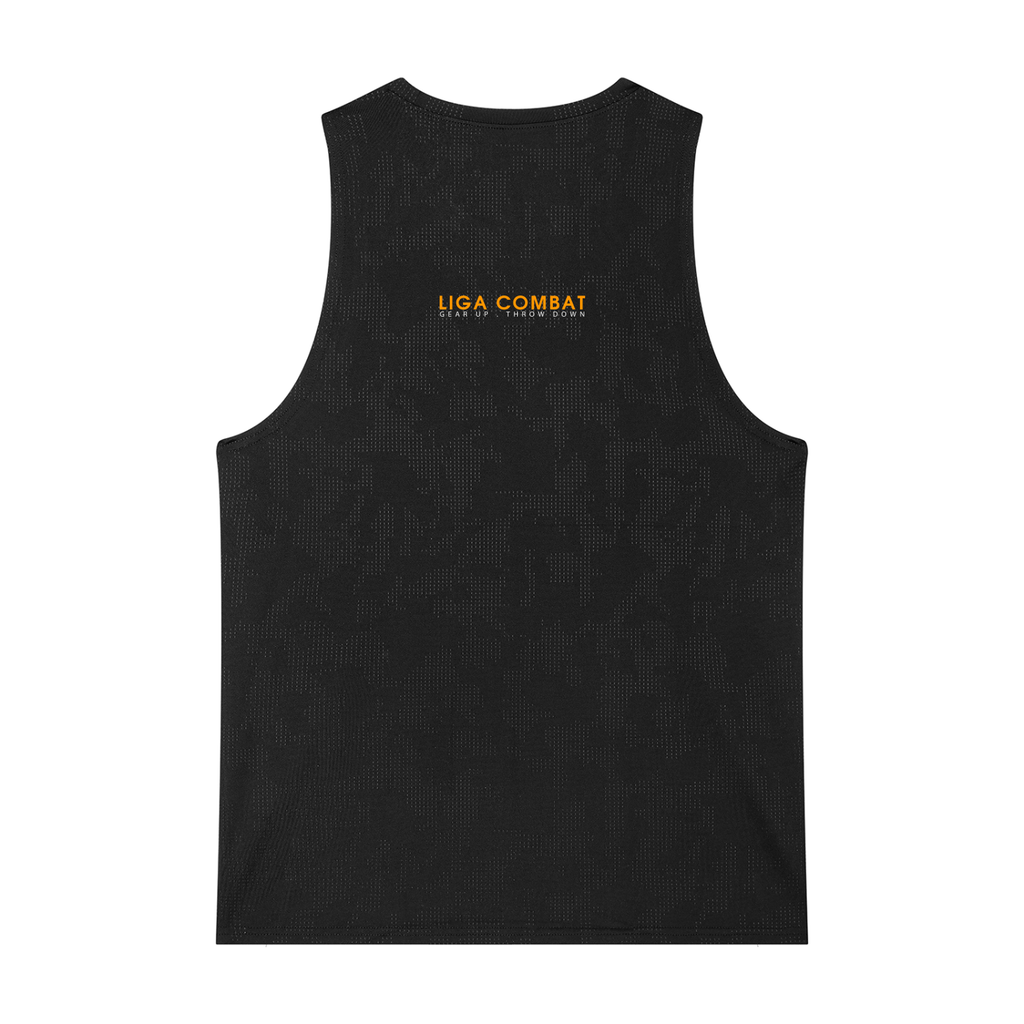 Liga Combat Rounds Training Tank in dark grey, back view with the LIGA COMBAT wordmark and tagline
