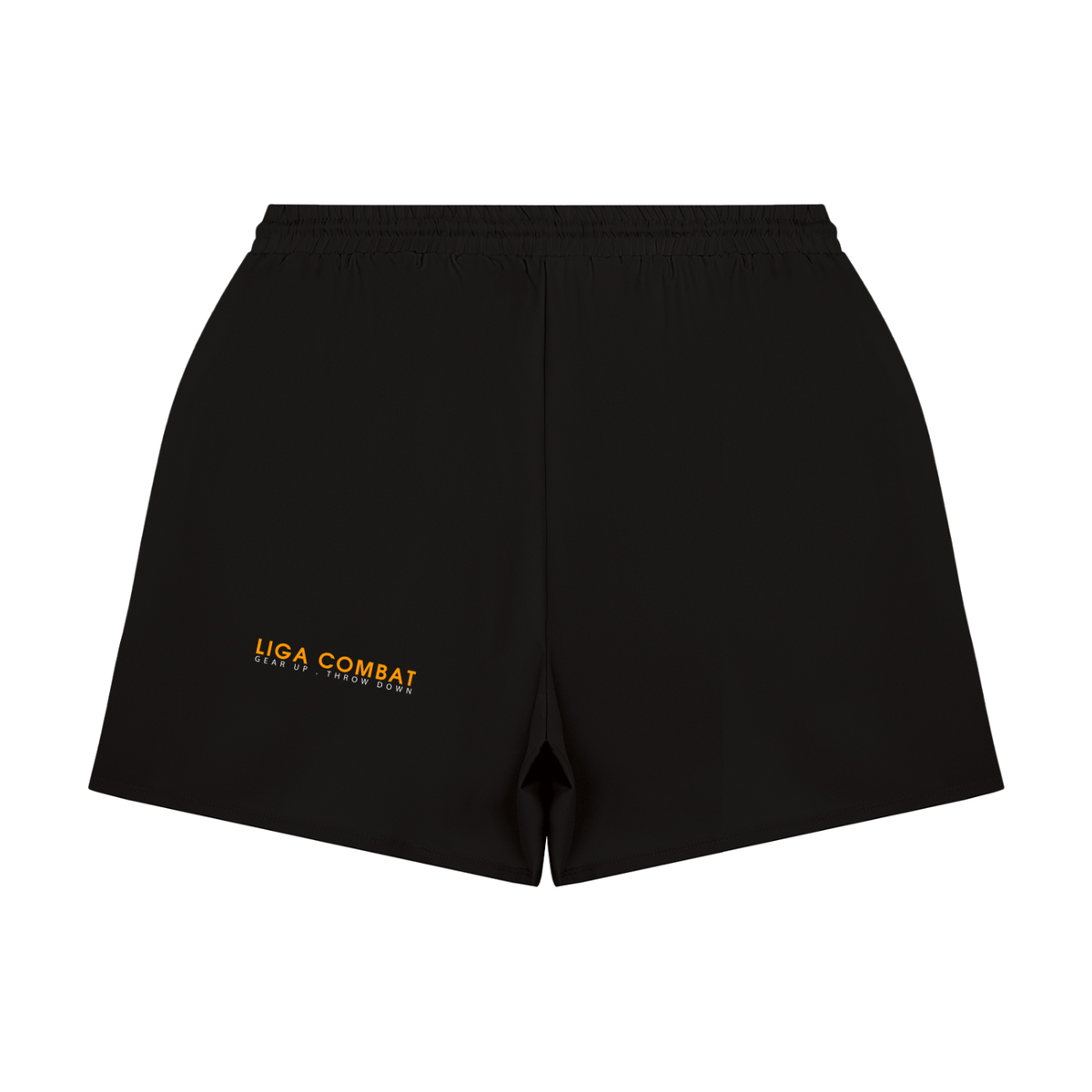 Liga Combat Rounds Training Shorts in black, back view with the LIGA COMBAT wordmark and tagline
