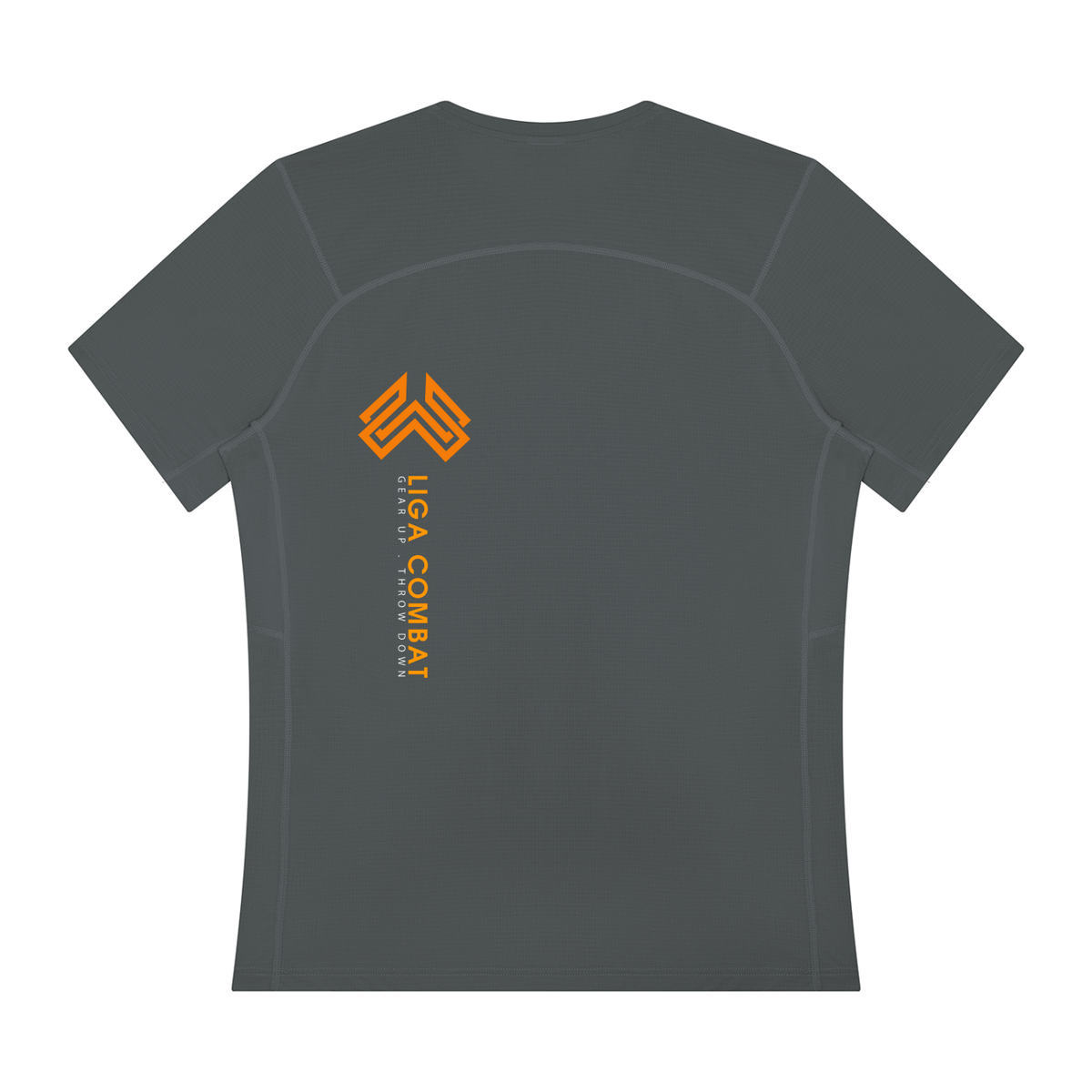 Liga Combat Rounds Training Tee in graphite, back view with the vertical LIGA COMBAT lockup off-centre