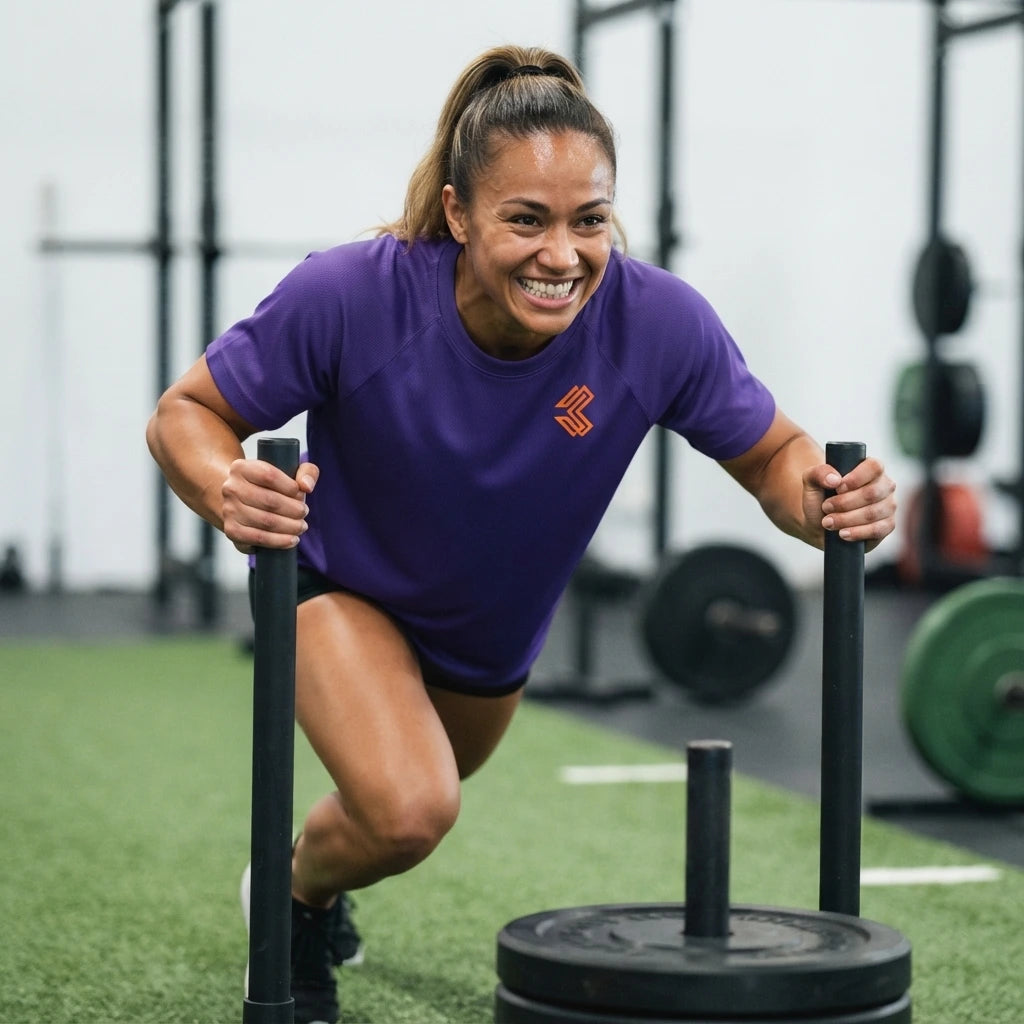 Liga Combat Rounds Mesh Tee in purple, worn driving a weighted sled across turf in a strength session
