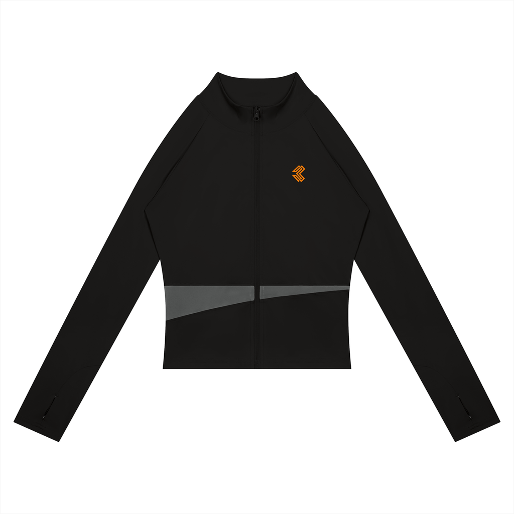 Liga Combat Between Rounds Jacket front view, cropped full-zip with stand collar, mesh panel and chest monogram