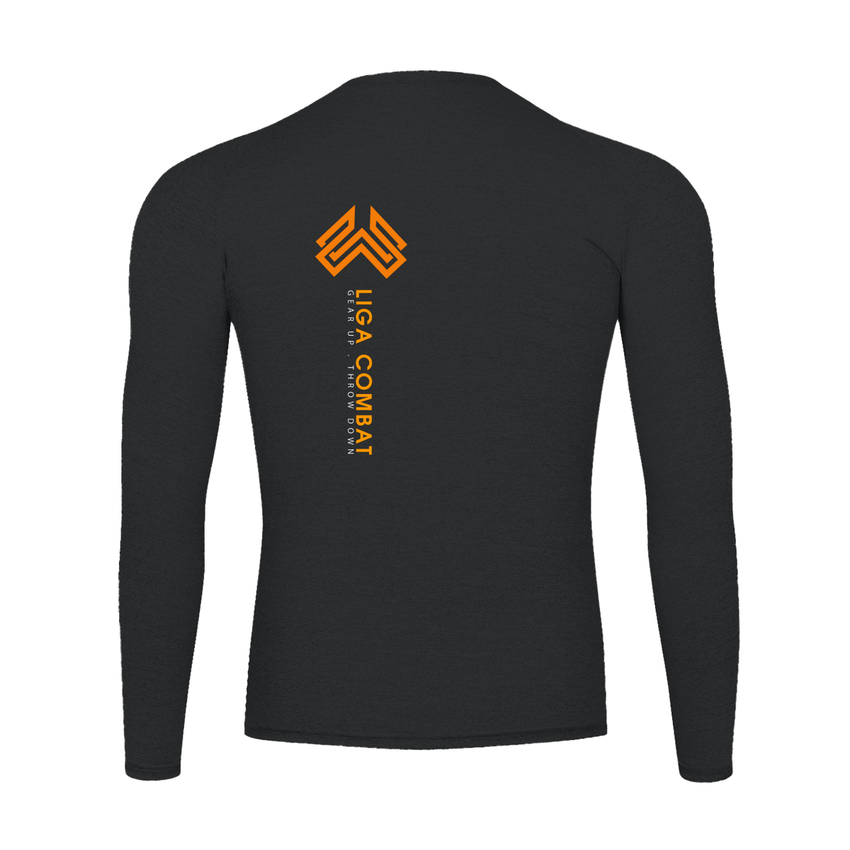 Liga Combat Rounds Long Sleeve in black, back view with the vertical LIGA COMBAT lockup, raglan sleeves