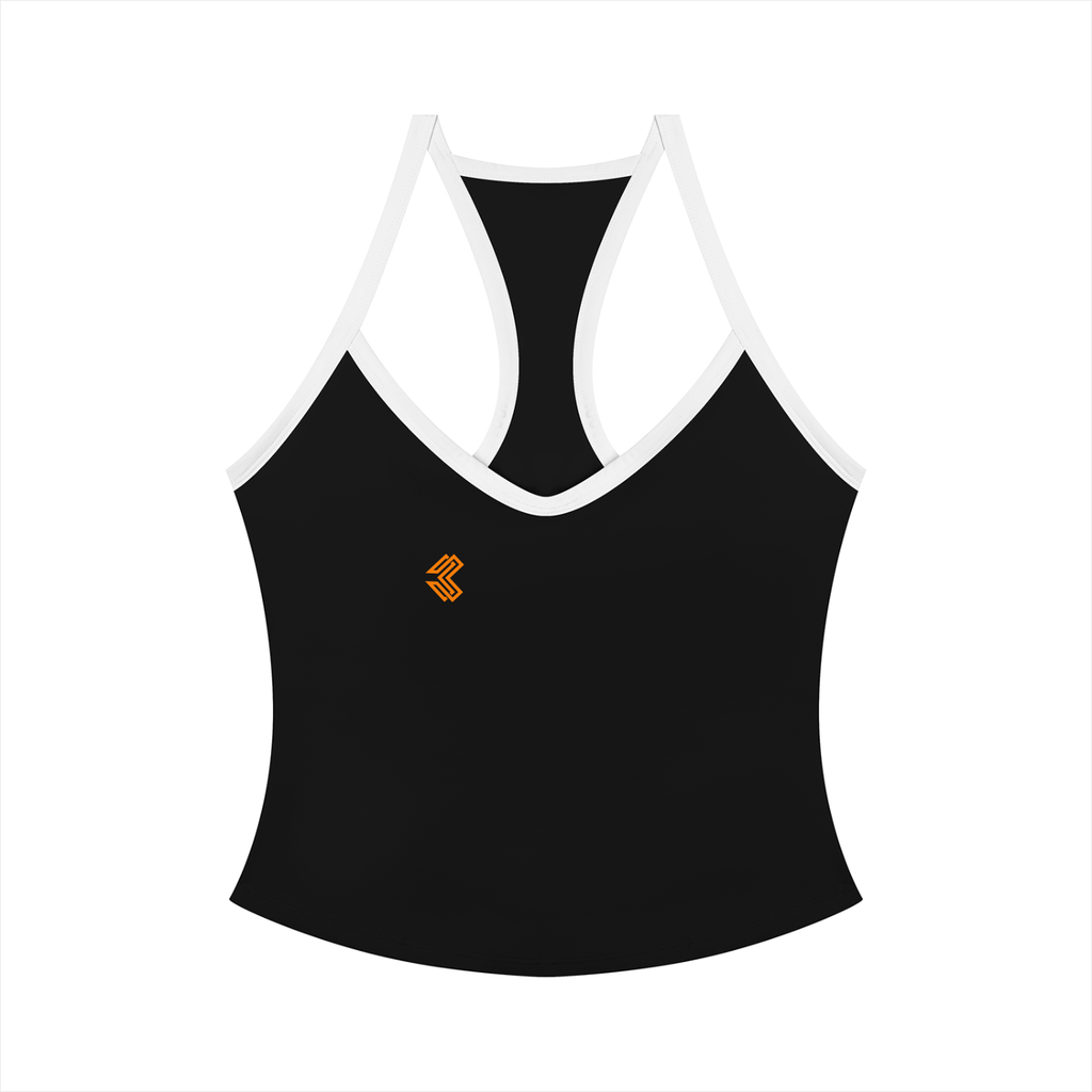 Liga Combat The Hard Way Tank front view, V-neck racerback in black with white binding and left-chest monogram
