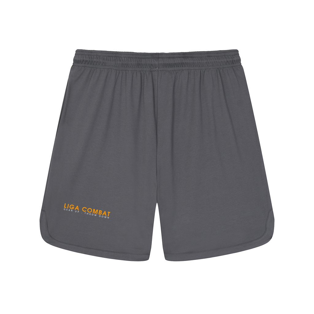 Liga Combat Rounds 2-in-1 Shorts in graphite, back view with the LIGA COMBAT wordmark and tagline