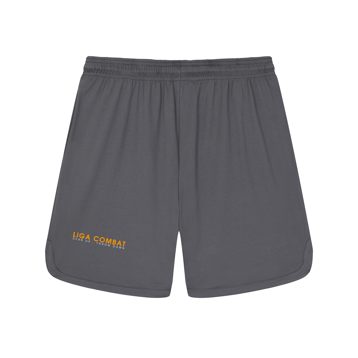 Liga Combat Rounds 2-in-1 Shorts in graphite, back view with the LIGA COMBAT wordmark and tagline