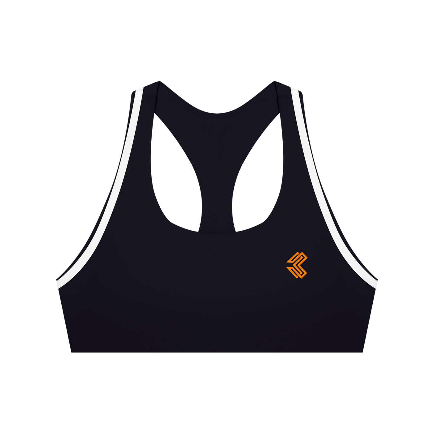 Liga Combat Mat Hours Sports Bra front view in black with white binding and the monogram on the left chest