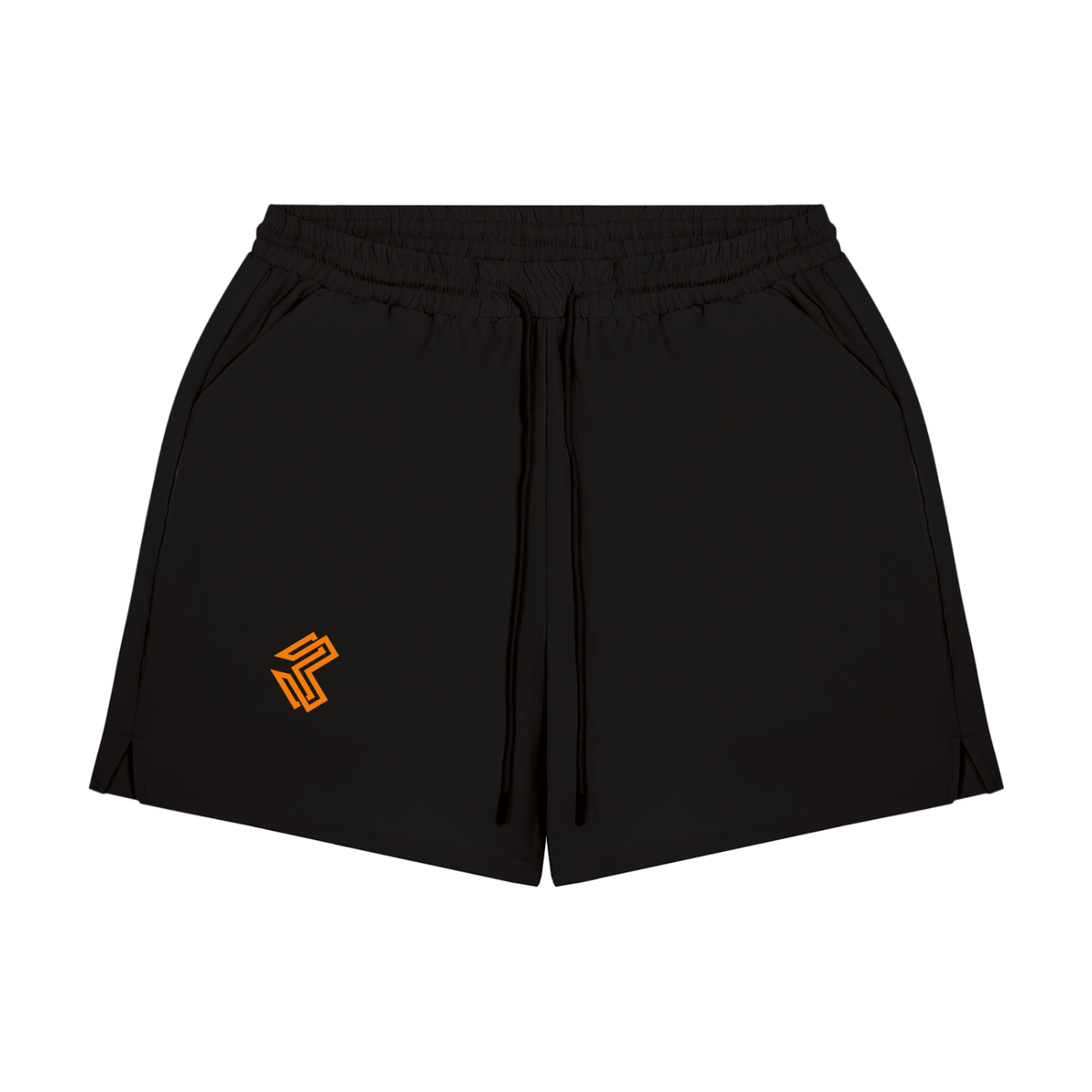 Liga Combat Rounds Training Shorts in black, front view with the chevron on the thigh, built-in liner