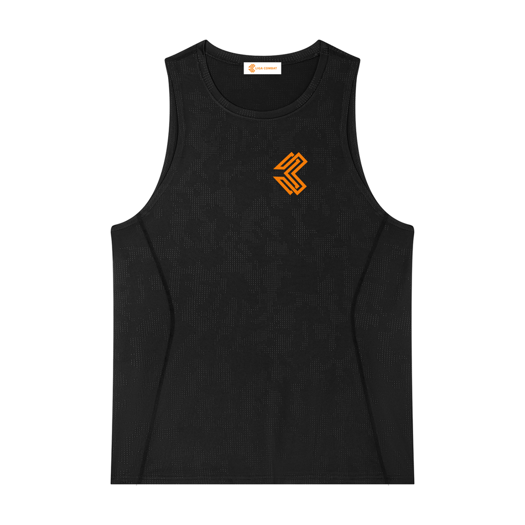 Liga Combat Rounds Training Tank in dark grey, front view with the chevron on the chest, sleeveless jacquard knit
