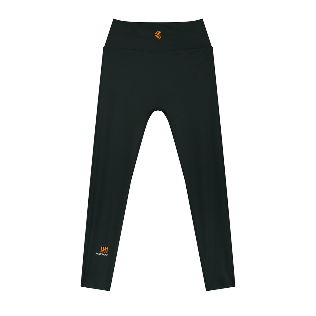 Liga Combat Mat Hours Legging front view with the tally mark down the calf and monogram at the hip, for gym and mat training