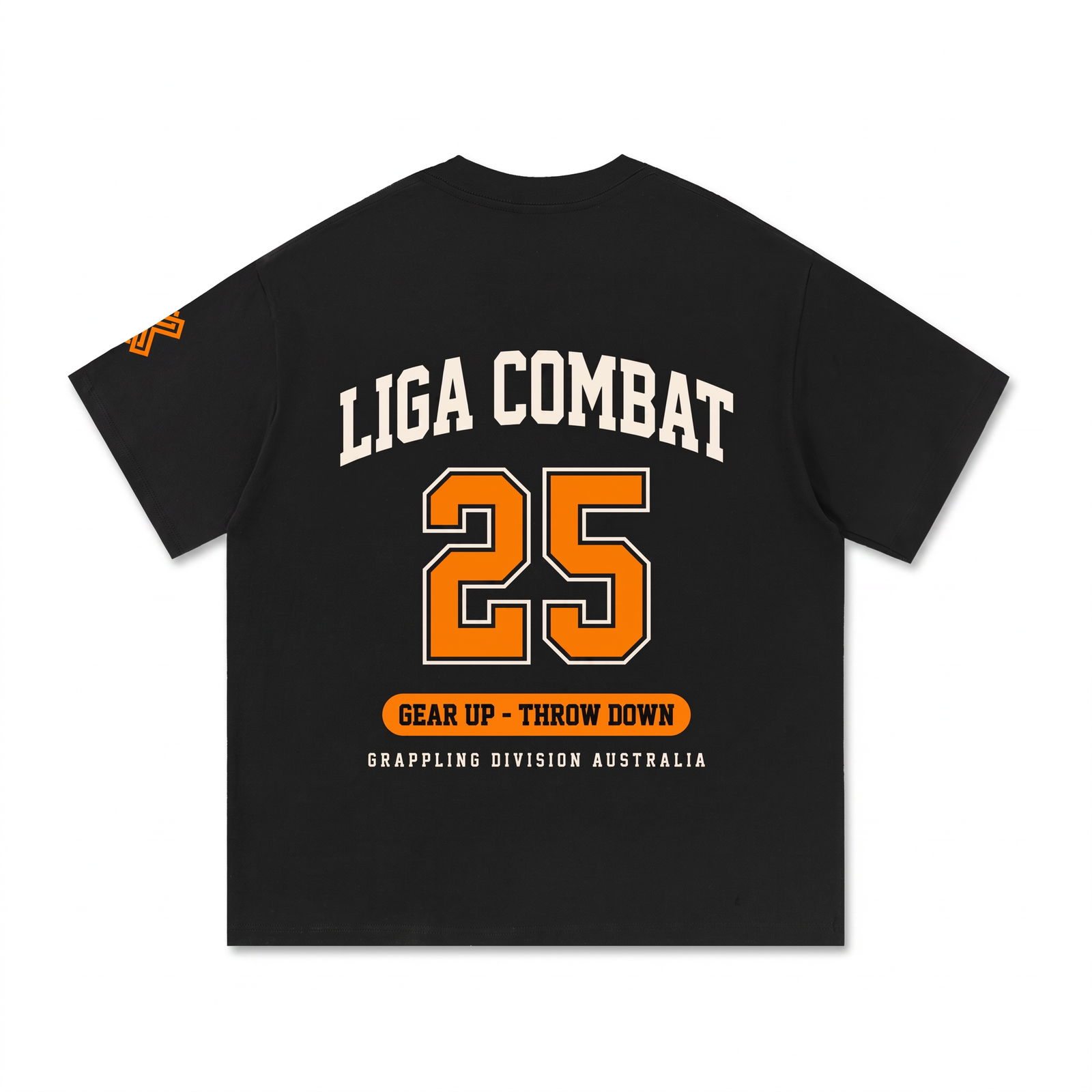 Liga Combat Varsity 25 Tee back view on an invisible mannequin showing the full collegiate print