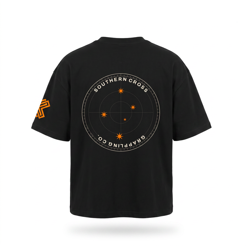 Liga Combat Southern Cross Grappling Tee back view on an invisible mannequin showing the full compass emblem