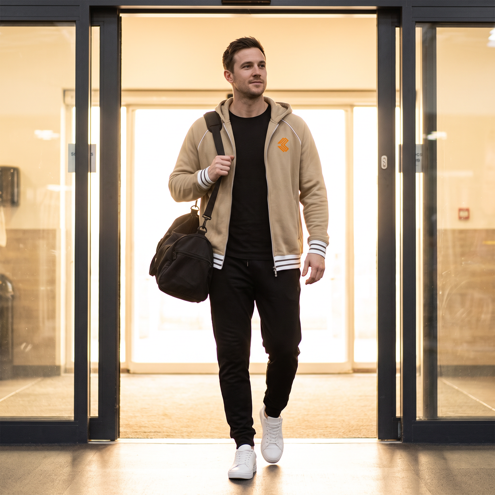 Liga Combat Varsity Mantra Jacket in khaki worn walking out of a gym with a kit bag