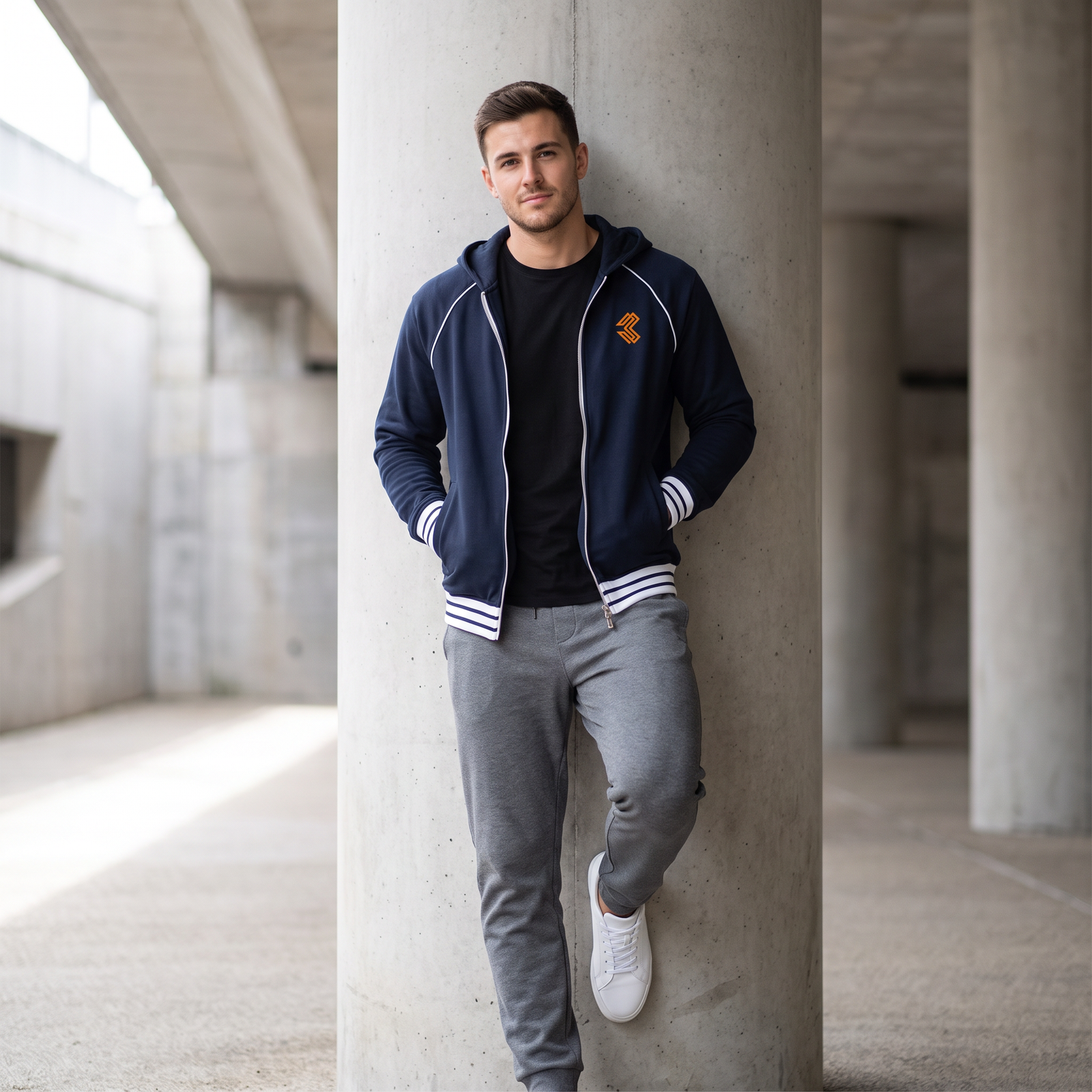 Liga Combat Varsity Mantra Jacket in navy blue worn in an urban underpass, chest chevron