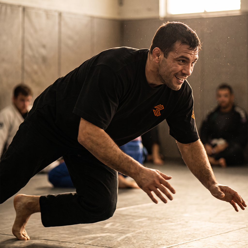 Grappler in the Liga Combat Gentle Art Terms Tee driving into a takedown entry mid-drill