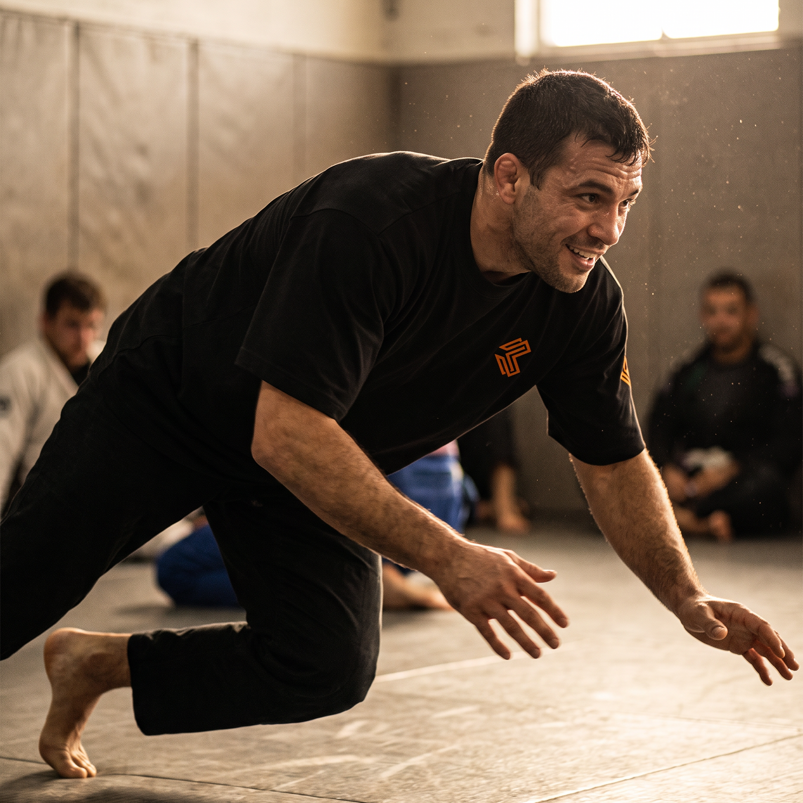 Grappler in the Liga Combat Gentle Art Terms Tee driving into a takedown entry mid-drill