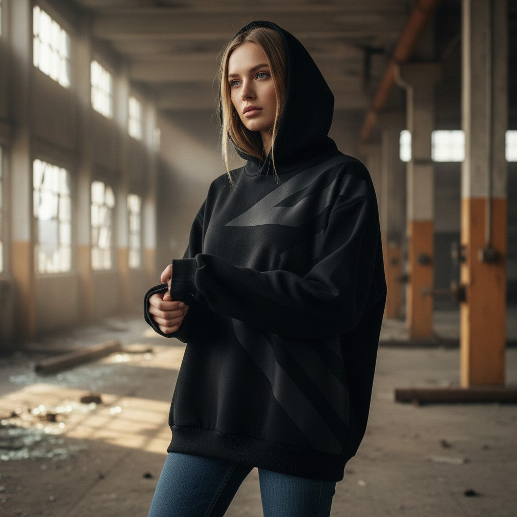 Liga Combat Blackout Emblem Hoodie in black worn by a woman in an industrial warehouse setting