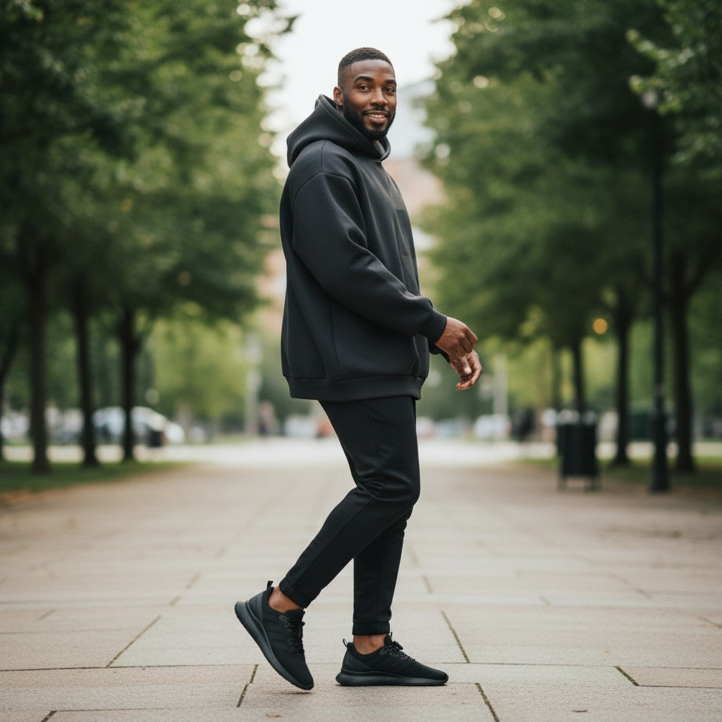 A man wearing a Liga Combat Blackout Emblem Hoodie and matching black joggers, standing in a tree-lined park.