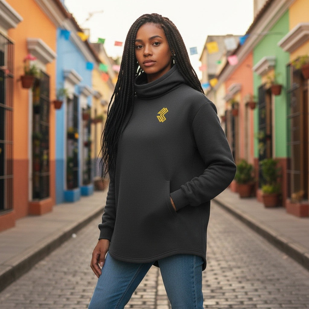 Liga Combat Throwdown Emblem Hoodie in charcoal grey with a high neck, worn by a woman on a colourful street.