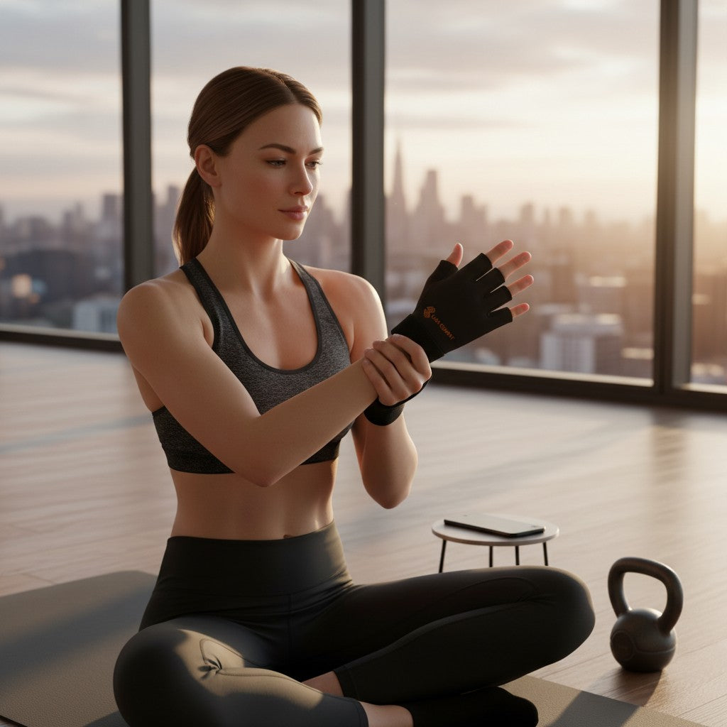 Liga Combat Re-Gen hot and cold compression gloves on a woman in a gym setting for post-training hand recovery