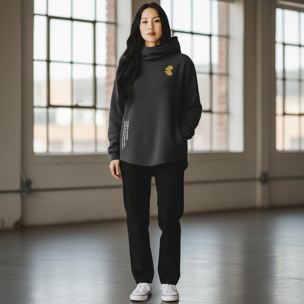 Woman wearing a Liga Combat Throwdown Emblem charcoal grey hoodie with a yellow logo and side text in a studio.
