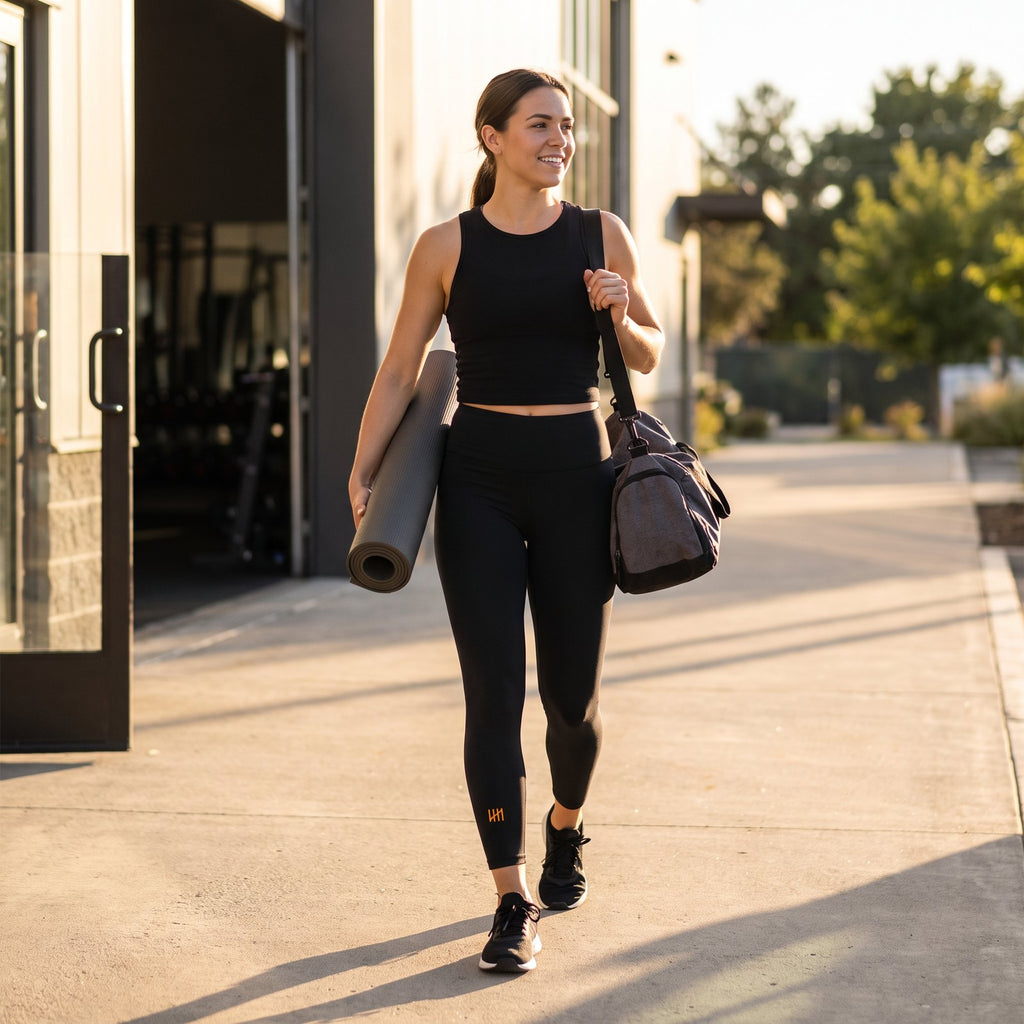 Liga Combat Mat Hours Legging worn walking out of the gym at golden hour with a rolled mat