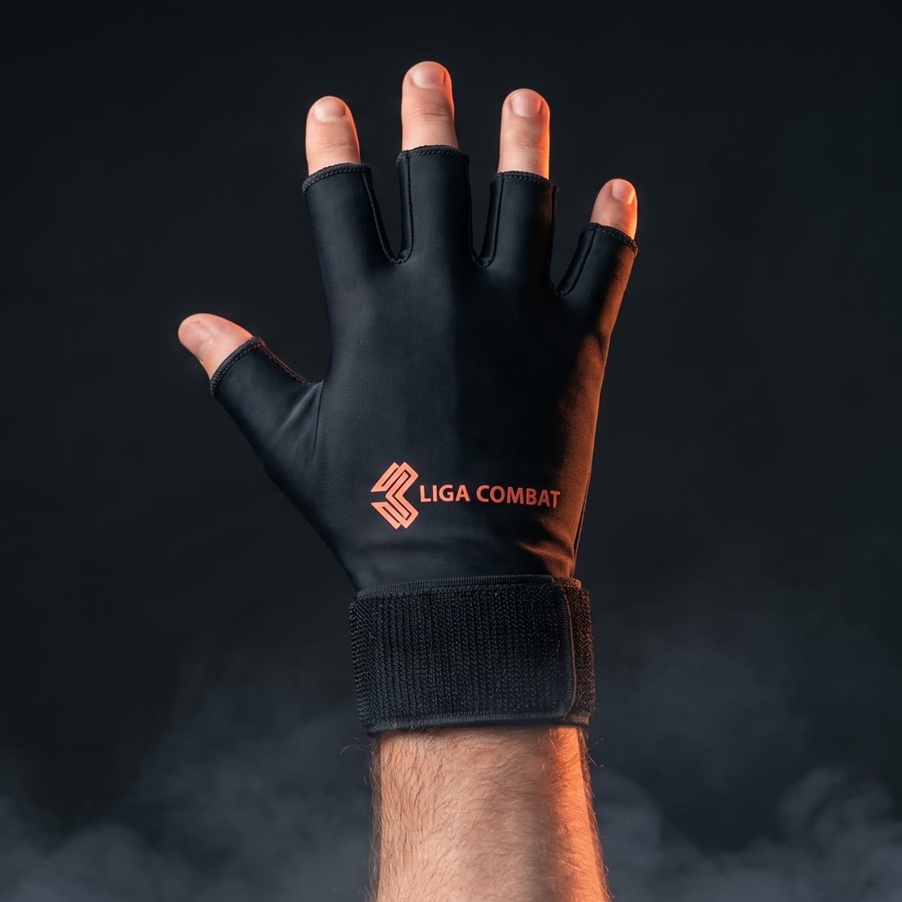 Liga Combat Re-Gen compression glove worn on a raised hand against a dark background, questions about hand recovery