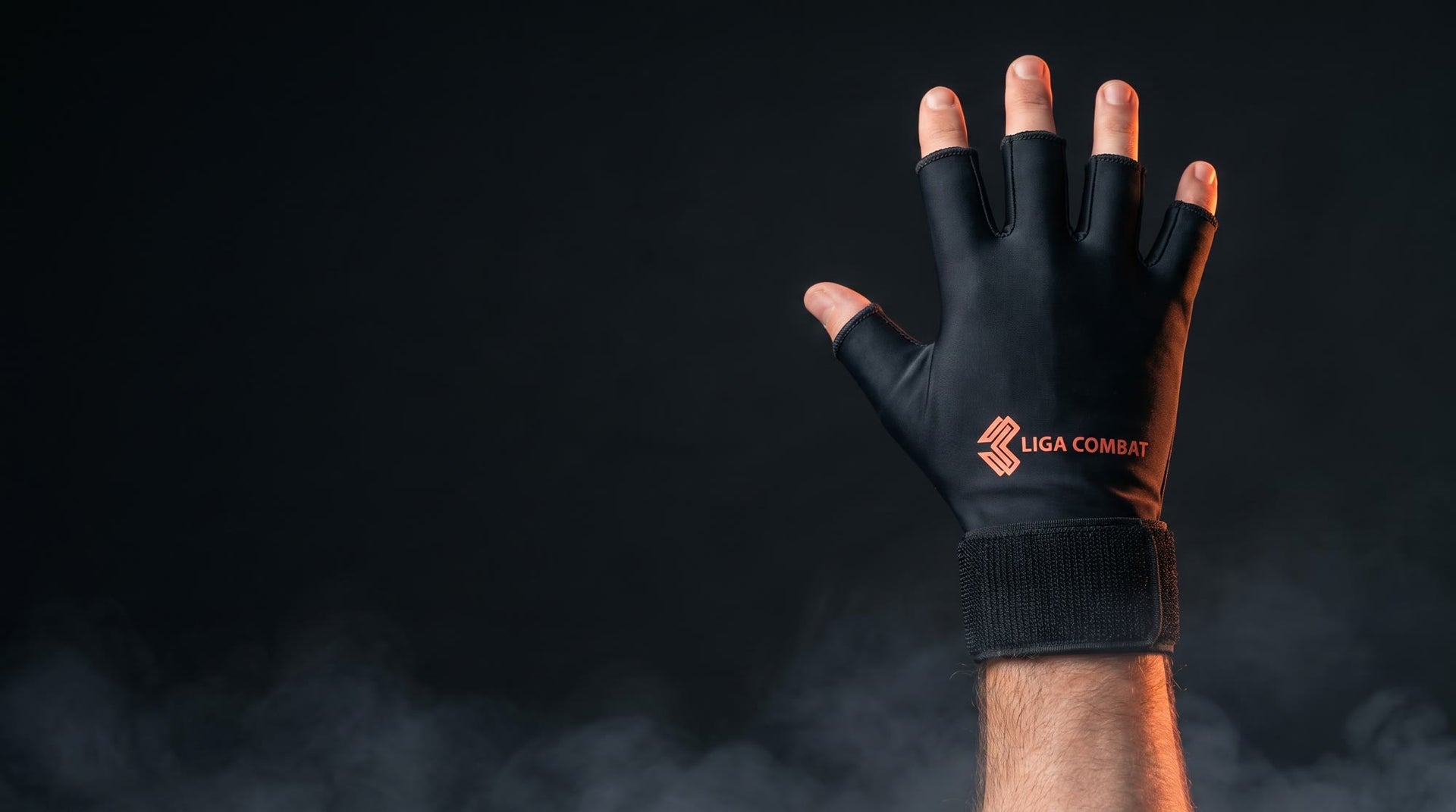 Liga Combat Re-Gen compression glove worn on a raised hand, velcro wrist strap visible, hot and cold hand recovery