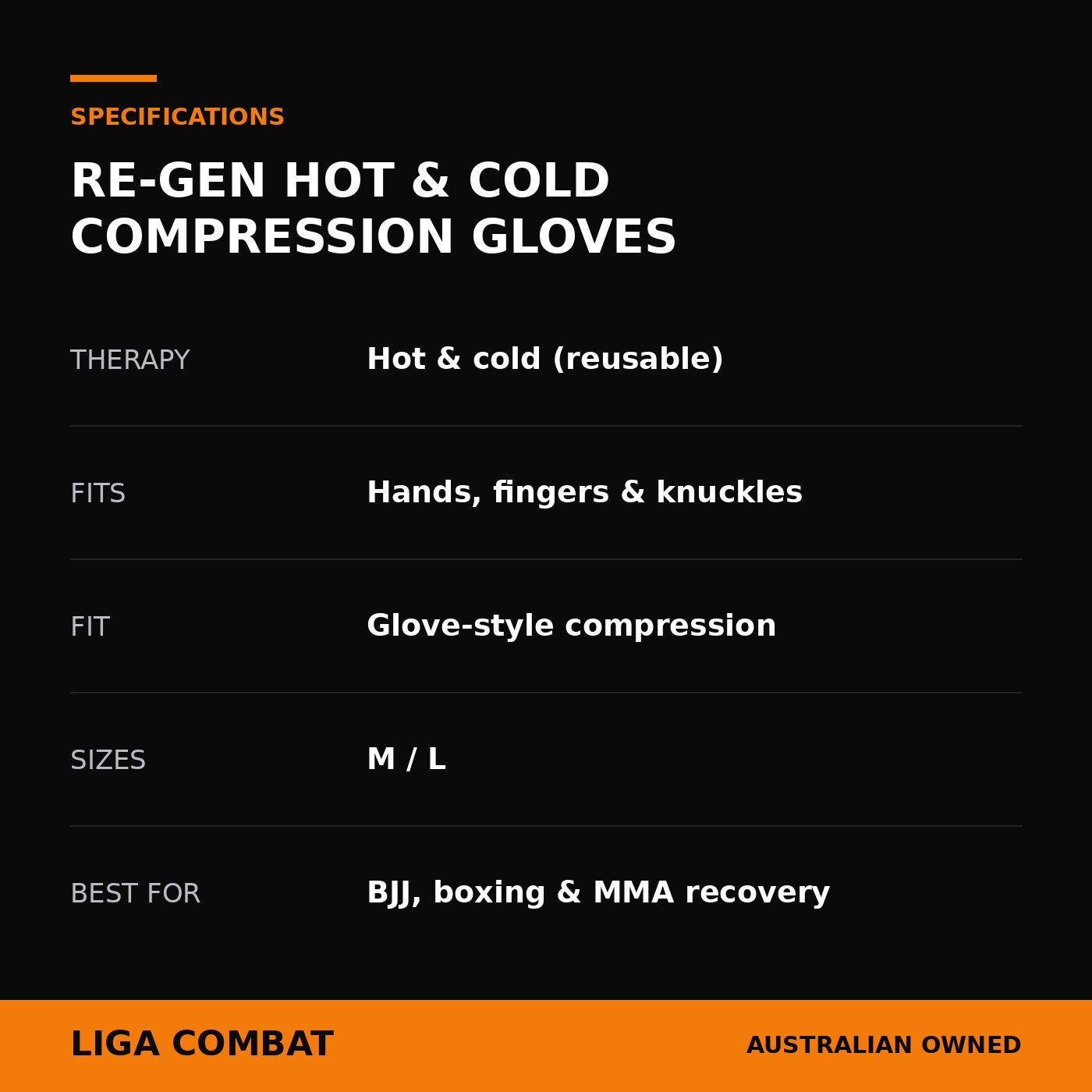 Re-Gen Hot & Cold Compression Gloves specifications — hot and cold reusable gel, glove-style compression, sizes M and L
