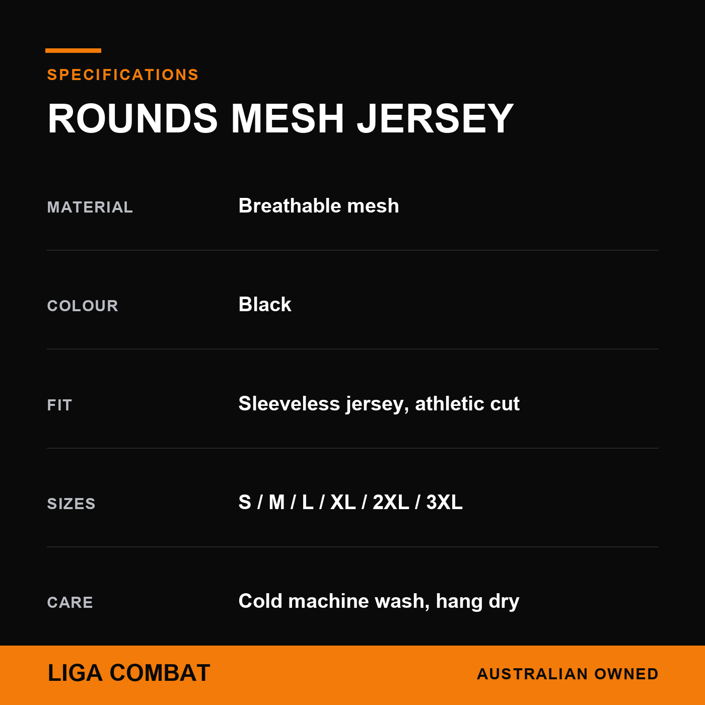 Liga Combat Rounds Mesh Jersey spec card: material, fit, sizes and care