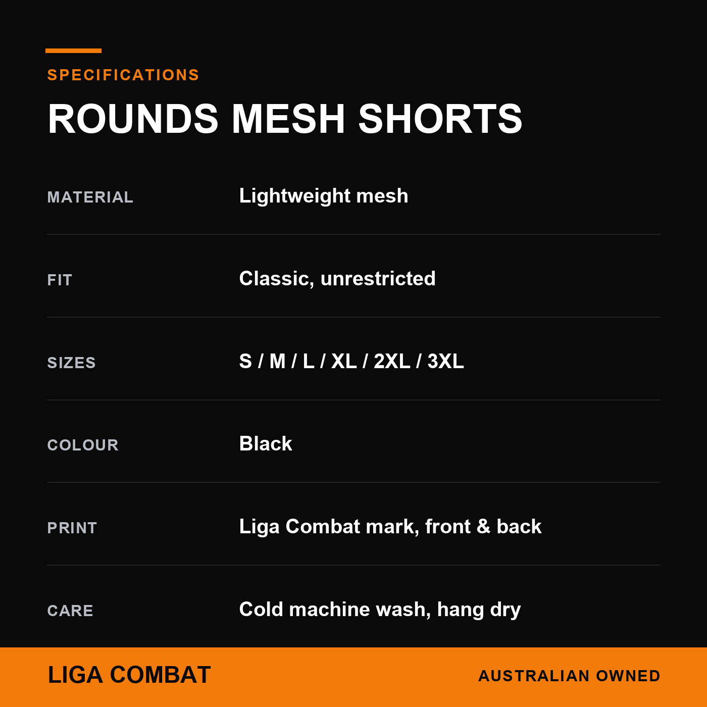 Liga Combat Rounds Mesh Shorts spec card: material, fit, sizes and care
