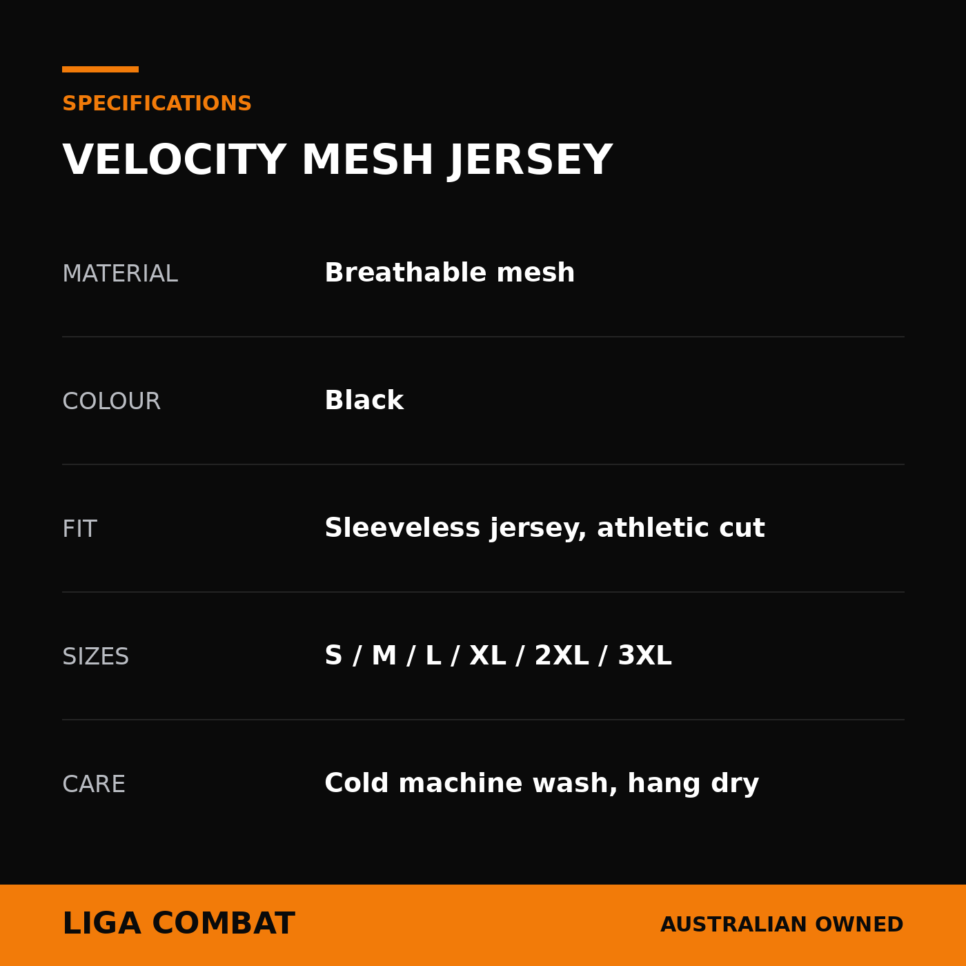 Liga Combat Velocity Mesh Jersey spec card: material, fit, sizes and care for no-gi BJJ training