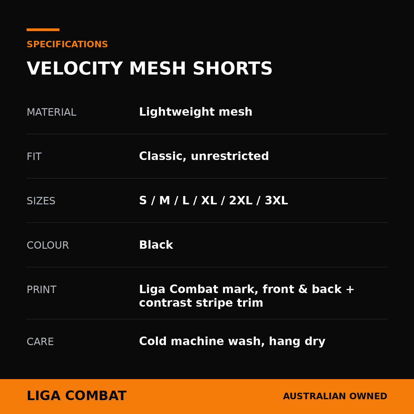 Liga Combat Velocity Mesh Shorts spec card: material, fit, sizes and care for BJJ and no-gi training